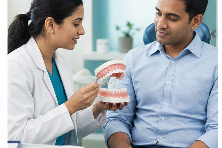 Clinician discussing evaluation for why gums bleed while brushing