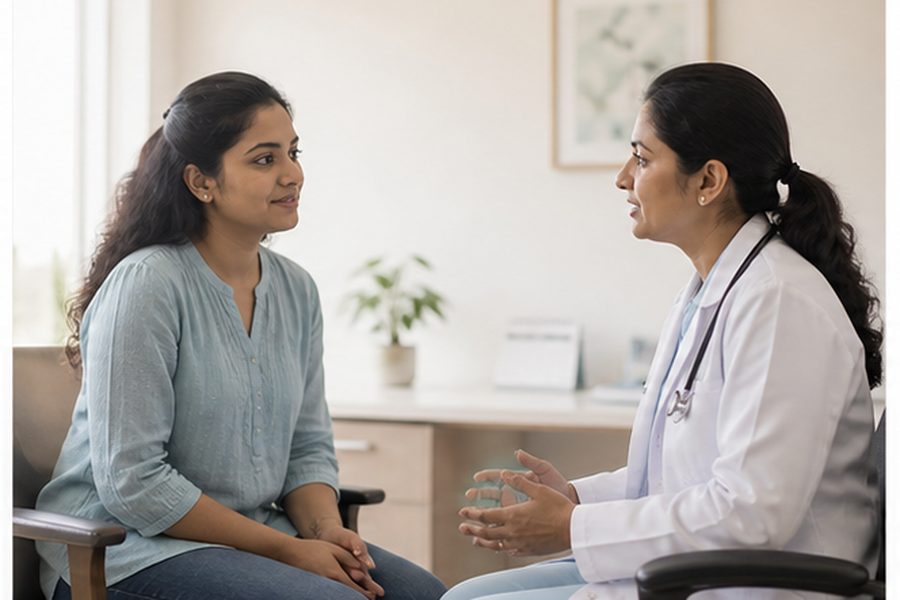 Woman discussing menstrual changes with a female clinician
