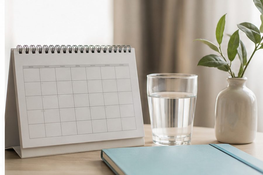 Calendar, water and notebook used for symptom tracking