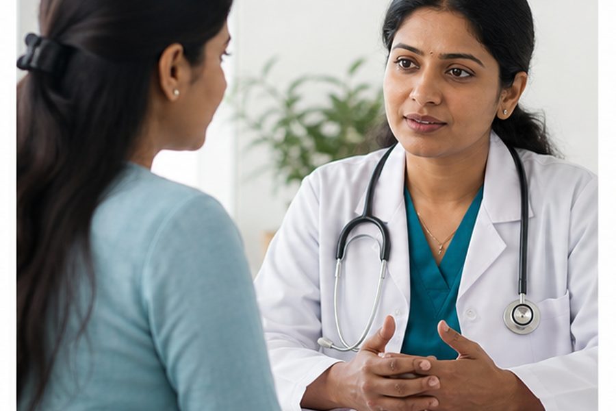 Female clinician discussing discharge and pelvic pain respectfully