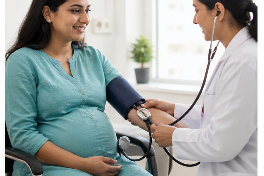 Blood-pressure check during an antenatal consultation