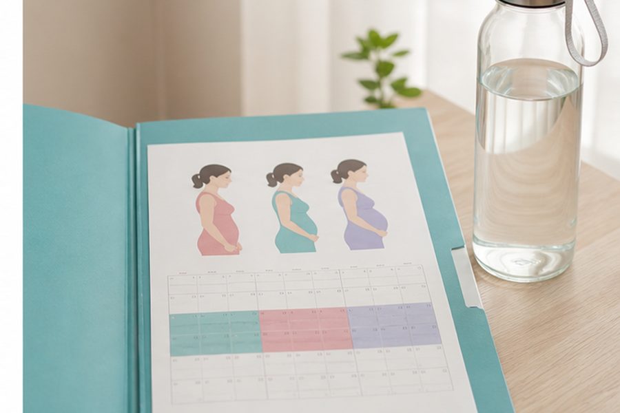 Pregnancy folder, calendar and water for appointment preparation