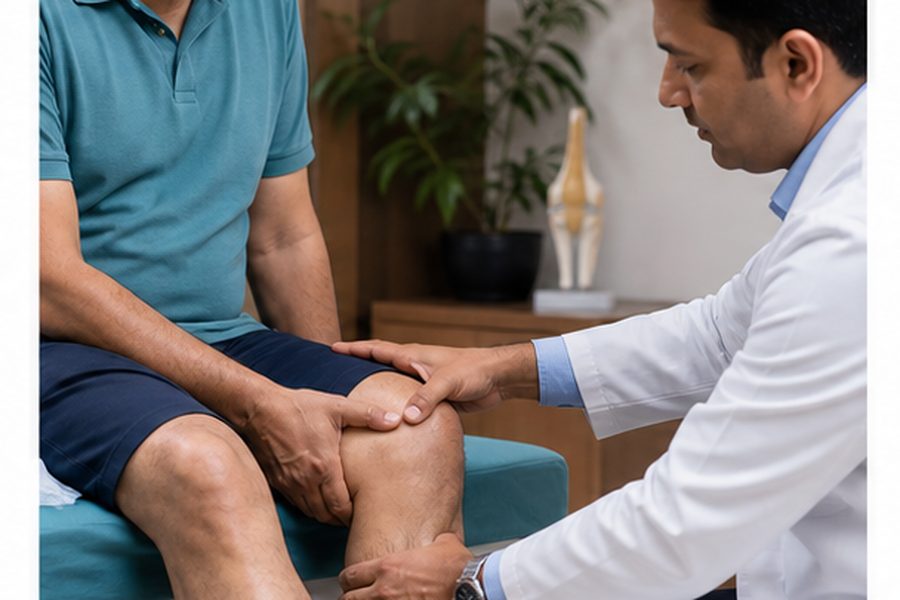 Clinician discussing evaluation for knee pain while climbing stairs