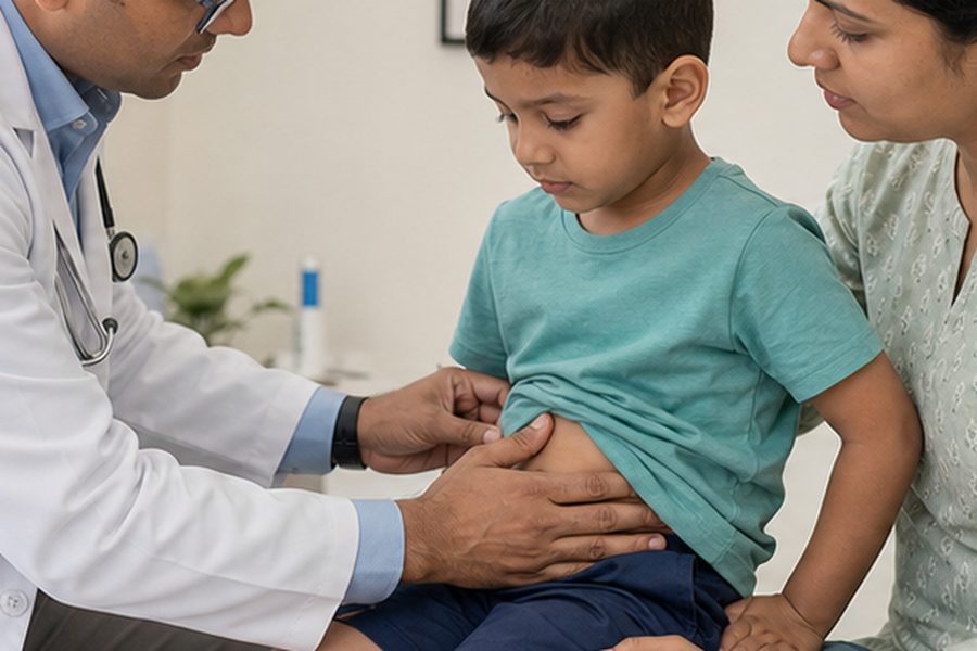 Clinician discussing evaluation for dehydration signs in a child with vomiting and diarrhoea
