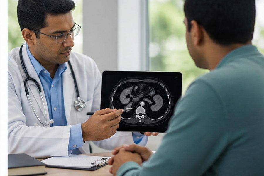 Clinician discussing evaluation for kidney stone symptoms and pain location