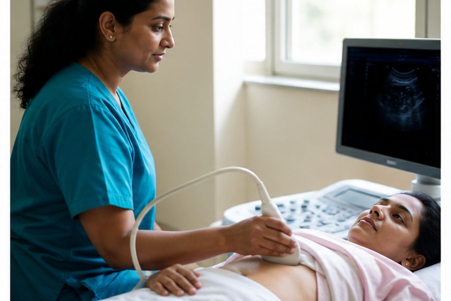 Clinician discussing evaluation for difference between abdomen pelvic and KUB ultrasound