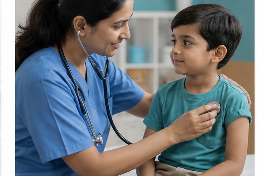 Clinician discussing evaluation for fever after vaccination in baby